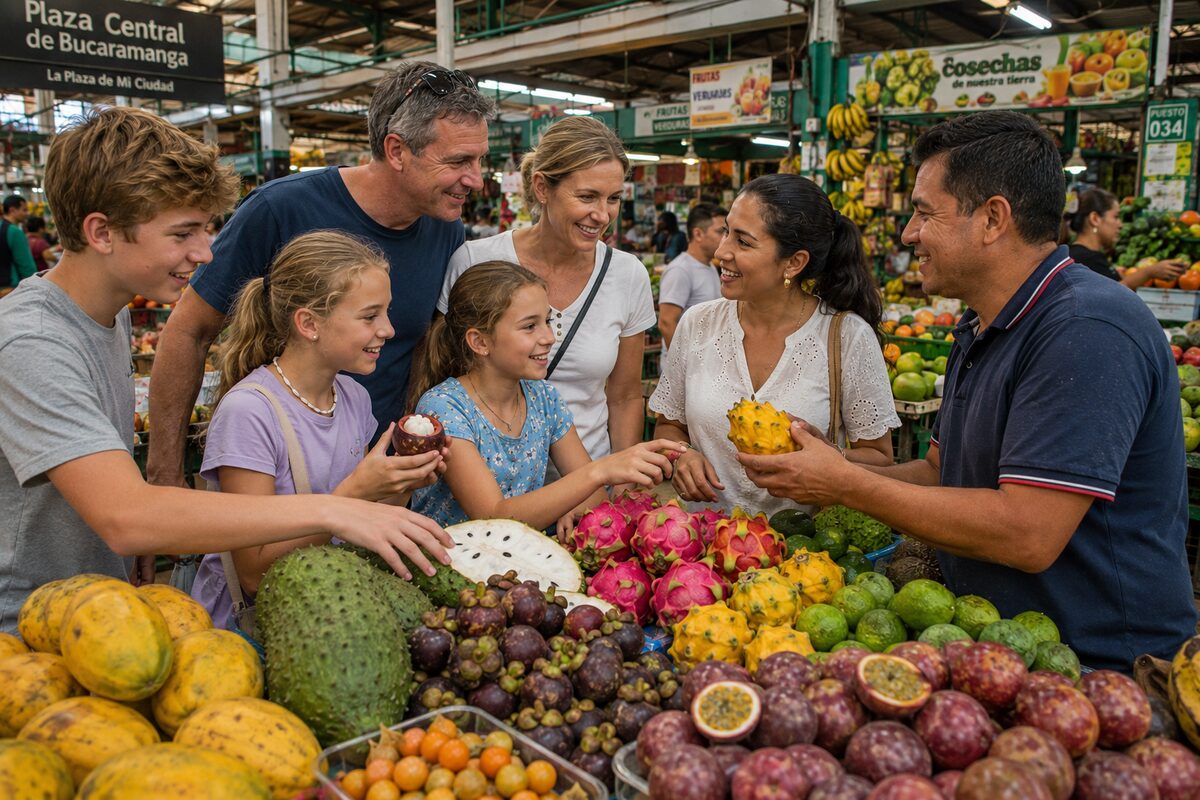 Familia visitante y familia anfitriona recorriendo juntas la plaza de mercado
