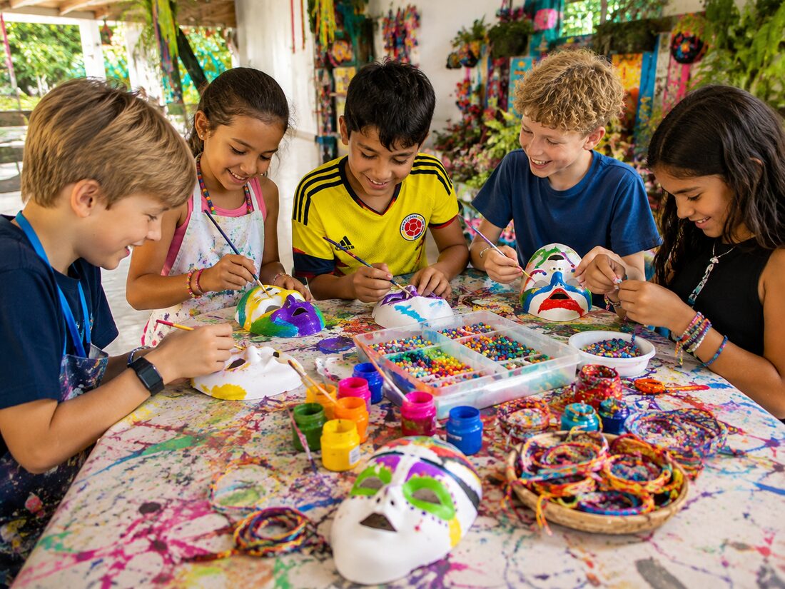 Niños decorando máscaras y manillas artesanales colombianas