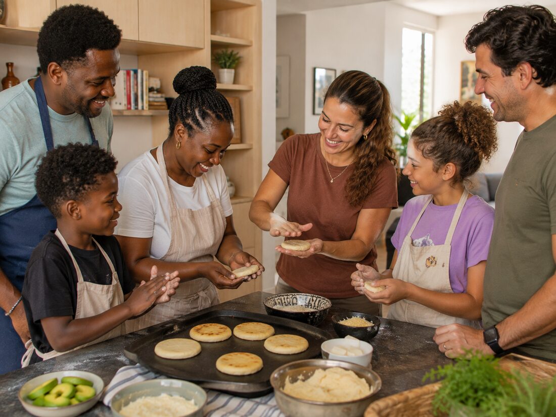 Familia preparando platos típicos colombianos