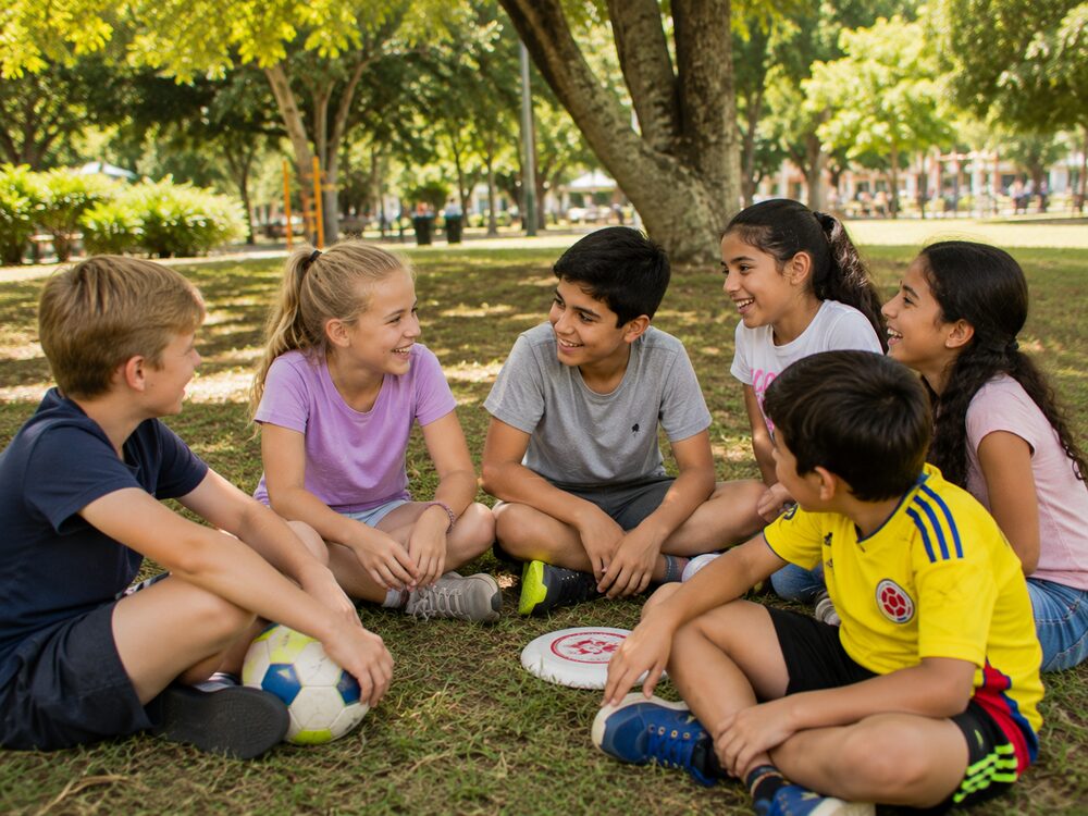 Niños compartiendo una actividad guiada al aire libre durante la mañana